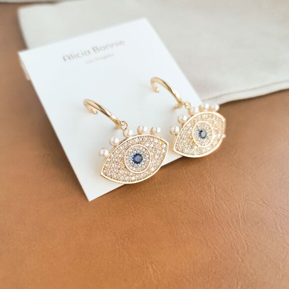 Alicia Bonnie | Sophia Evil Eye | Zirconia & Pearl Gold Drop Earrings - Picture 3 of 4